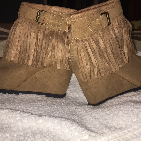 Tan Suede Fringe Wedge Booties - Picture 2 of 8
